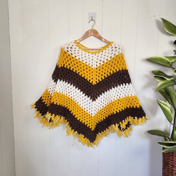 Vintage Sweaters - Vintage Crochet Shawl 70s Boho bohemian Hippie Grandmacore Yellow Brown 1970s